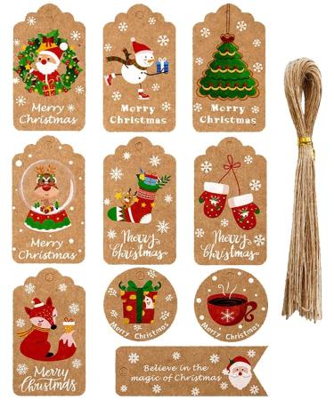 Aruiteng Christmas Gift Tags 50Pcs 10 Styles Brown Kraft Paper Gift Tags Small Xmas Present Labels Hanging Tags for DIY Christmas Wrapping Paper and Present Craft Decoration AruitengTR057