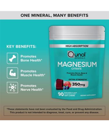 Qunol Magnesium Citrate Soft Chews 350mg Extra Strength Magnesium Supplement High Absorption to Support Nerve Bone and Muscle Health 90 Count Magnesium 90 Count - Buy Online on GoSupps.com