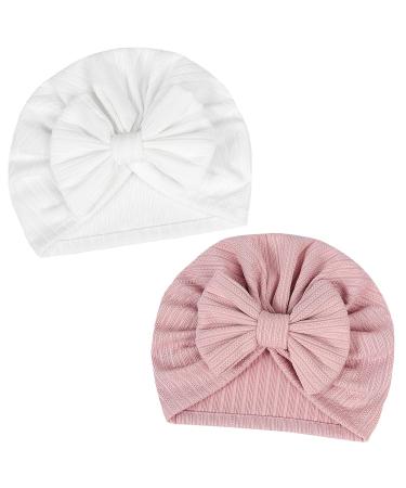 XOKL 2 pieces of newborn baby stuff soft stretchy baby turban hats toddler-girl boy hat kindergarten hospital hat for newborns toddlers (pink and white)