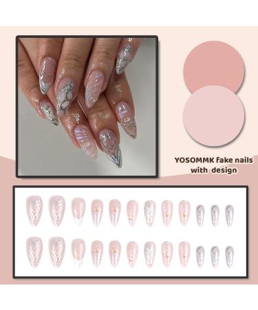 Luxury Almond Press On Nails - Glossy 3D Swirl Acrylic Nail Art for Women | A-Silver Swirl - Shop Internationally - Buy Online on GoSupps.com
