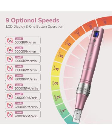Pelcas Derma Microneedling Pen | 7 LED Light Modes & 9 Speed Levels | 0-2.5mm Micro Needle Roller for Acne Hair Loss & Pore Size | 12-Piece Needle Set - Rose Gold - Buy Online on GoSupps.com
