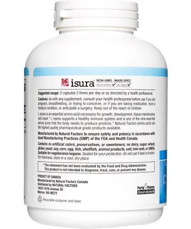 Natural Factors L-Lysine 500 mg 180 Vegetarian Capsules - Buy Online on GoSupps.com