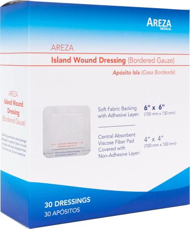 Bordered Gauze Island Dressing 6 x 6 Sterile Latex Free 30 Per Box  Wound Dressing by Areza Medical 30 Count (Pack of 1)