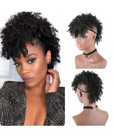 Aisaide High Puff Afro Ponytail with Bangs Drawstring Short Kinky Curly Drawstring Ponytail Extension Synthetic Clip in Mohawk Ponytail Bun with Bangs Wrap Updo Clip in Hair Extensions with Six Clips 1B