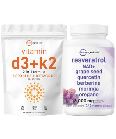 Micro Ingredients Vitamin D3 5 000iu + K2 100mcg Softgels & Resveratrol NAD Supplements 3 000mg Veggie Capsules | 2 Pack Bundle | D & K Sunshine Vitamins | Antioxidant Blend with Quercetin & Berberine