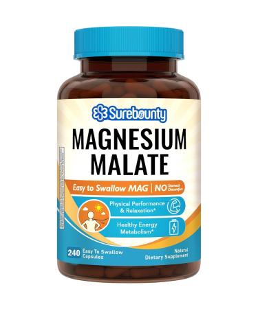 Magnesium Malate Capsules 1230mg, Magnesium Supplement, Chelated, High Absorption, Energy Production & Contraction Support for Children, Teenagers, and Adults, 240 Vegan Caps