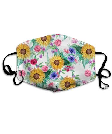 Sunflower Rose Watercolor Washable Reusable Mask Cotton Anti Dust Half Face Mouth Mask For Kids Teens Men Women With Adjustable Ear Loops