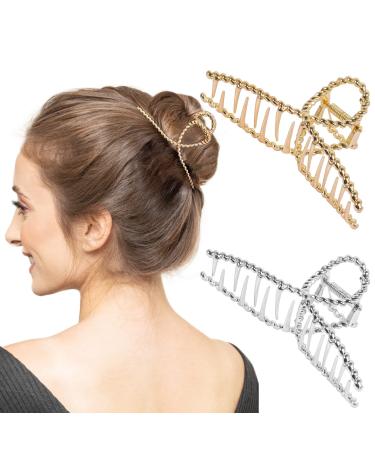 2 Pcs Gold Silver Metal Hair Clips for Women Big Hair Clips Nonslip Metal Hair Claw Clips for Thick Hair Wedding Hair Clips Bride Hair Accessories for Women and Girls Jumbo Hair Clip Metal Type B