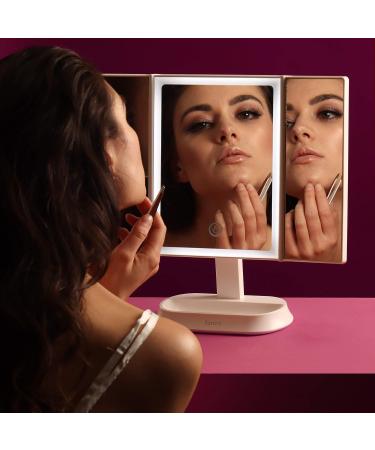 Fancii LED Lighted Makeup Mirror - Rechargeable Trifold Vanity Mirror with 3 Color Temp, 5X/7X Magnifications, Dimmable Lights, Touch Sensor, Cosmetic Stand - Zora - Buy Online on GoSupps.com