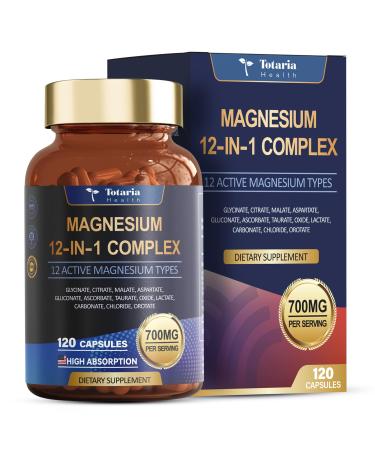 Totaria Magnesium Complex 700mg 12 in 1 Magnesium Supplement with Glycinate Citrate Malate Oxide Taurate Aspartate Orotate Magnesium Relaxation Muscle Heart Support Vegan 120 Capsules 120 Count (Pack of 1)