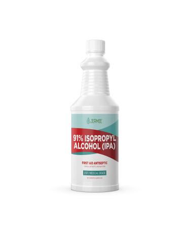 Jermee Isopropyl Alcohol (IPA) 91% Purity - USP/Medical Grade - First Aid Antiseptic Topical Rubbing Alcohol Made in The USA 32 Ounce 32 Ounce 91% Purity