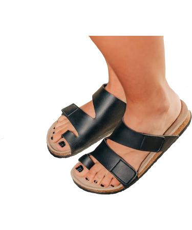 ArthritisHope Wide Zendalias with Bunion Support - Women's Bunion Corrector Sandals, Black PU Leather, Size 12 Wide - Buy Online on GoSupps.com