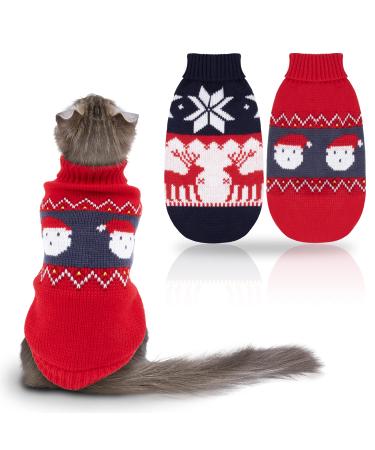 Rypet 2 Packs Cat Christmas Sweater - Puppy Christmas Sweater Pet Turtleneck Knitwear with Reindeer Santa Claus Pattern Sweaters for Kitten and Small Dogs Small (Pack of 2)