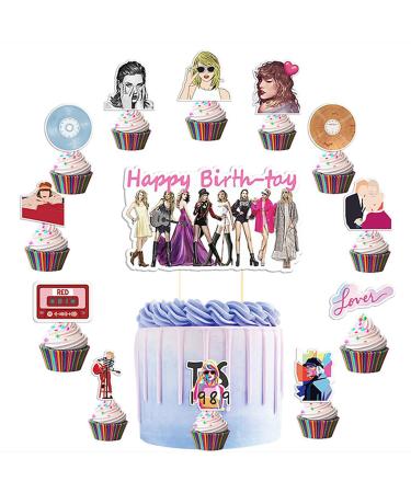 13pcs Tay-lor Theme Birthday Cake Topper Decorations Kit Pink Tay-lor Birthday Cake Topper & Cupcake Toppers for Swiftie Birthday Singer Theme Party Fans Party Decoration Supplies