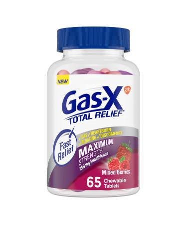 Gas-X Total Relief Chewable Tablets with Maximum Strength Gas Relief Simethicone 25 mg and Heartburn Relief Calcium Carbonate 75 mg, Mixed Berries - 65 Count