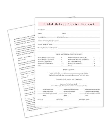 Bridal Makeup Service Contract | 50 Pack | 8.5 x 11 A1 Forms | Makeup Artist Supplies | Bridal Contract | White and Pink Forms