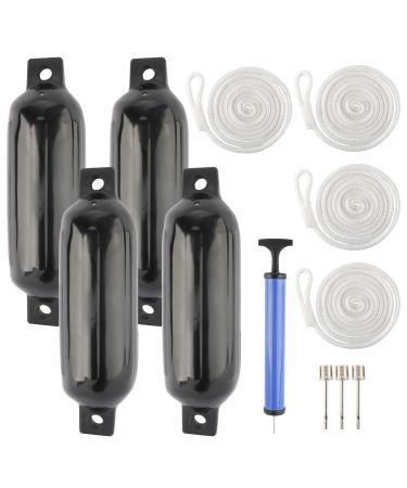 NovelBee 4 Pack of 4.5" x16 Ribbed Twin Eyes Boat Fender with Lines Pump and Needle for Boat or Dock Black