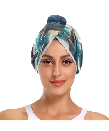 The Struggle Between Dinosaurs and Sharks Hair Towel 2 Pack Super Absorbent Hair Drying Towel Quick Dry Hair Turbans Head Towel with Button Twisty Wrap for Women Girls