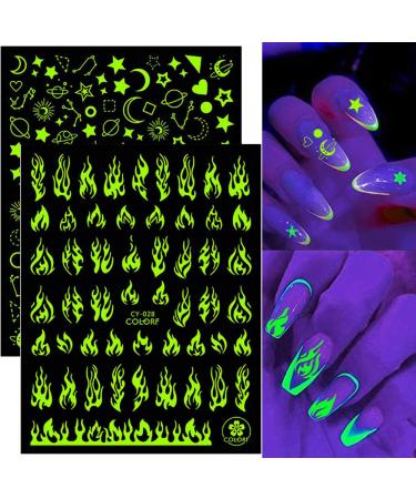 Nail Art Adhesive Stickers, 3D Luminous Nail Art Supplies Nail Decals 6 Sheets Butterfly Nail Art Stickers Flame Star Moon Designer Stickers Heart for Acrylic Nails Design Nail Art Decorations