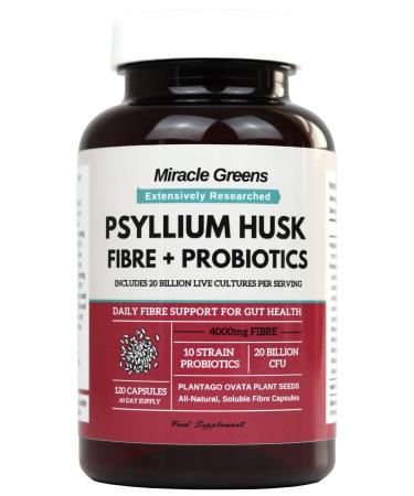 Powerful 4000mg Psyllium Husk Fibre with Probiotics 20 Billion CFU with 10 Strains Natural Easy to Absorb Fibre from Plantago Ovata Seeds - 120 Capsules to Promote Regularity & Digestive Health