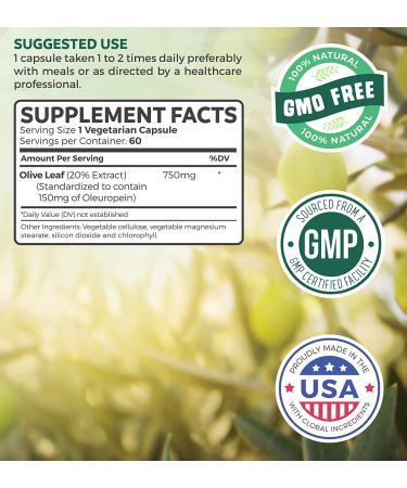Super Strength Olive Leaf Extract 750mg - 60 Vegetarian Capsules - Non-GMO, 20% Oleuropein for Immune Support & Cardiovascular Health - Antioxidant Supplement - No Oil - Buy Online on GoSupps.com