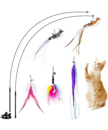 JXFUKAL Cat Feather Toys, Interactive Cat Toy with Super Suction Cup, 2PCS Springy Cat Wand & 5PCS Teaser Refills Replacement with Bells, Kitty Kitten Toys Cat Spring String Toy Cat Accessories Set A