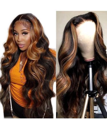 Highlight Ombre Body Wave Lace Front Wig Human Hair 13x4x1 Balayage FB30 Blonde Colored Human Hair Wigs for Women Lace Frontal Wigs 150% Density Pre Plucked (24 inch) 24 Inch Highlight ombre 13x1 lace front wig body wave