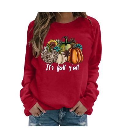 Yihaojia It's Fall Yall Shirt Women Pumpkin Graphic Tee Fall Pumpkin Long Sleeve Tops Halloween Fall Lightweight Shirts Red#17 Medium