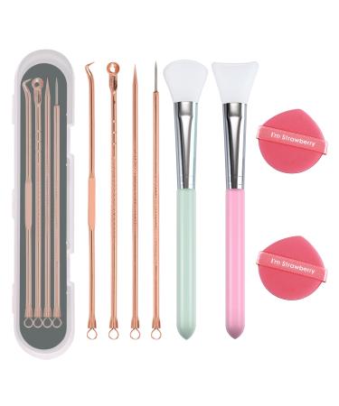 4Pcs Blackhead Remover Pimple Popper Tool Kit Blemish Comedone Extractor - 2 Face Mask Brush - 2 Powder Puff  Professional Skin Care Tools for Nose Face Pore Clean Facial Mud Mask DIY Makeup Kit