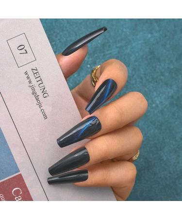Sethexy Long Coffin False Nails - Sparkle Cat Eye Ballerina Acrylic Nail Tips (24pcs) for Women & Girls - Blue - Buy Online on GoSupps.com