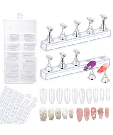 Acrylic Nail Holder Stands  Flasoo Magnetic Press on Nail Practice Stands Set Including Nail Tip Holders  Crystal Nail Stand Bases  Clear Acrylic Fake Nail and Reusable Adhesive Putty (Silver)