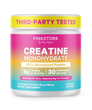 Pink Stork Creatine Monohydrate for Women | Micronized Creatine Powder | 5g Unflavored | Supports Muscles Energy Cognitive Function | Clean Alternative to Pills or Gummies | 30 Servings