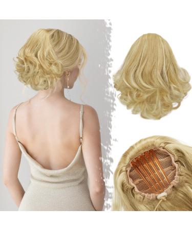 Kamm clip short wavy ponytail barsdar 22cm cord strap short wavy ponytail hair exension blond hair synthetic ponytail hair parts natural for women (ash blond) 22cm ash blonde & bleaching highlights