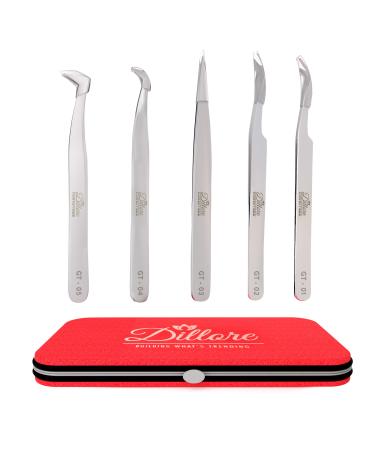 Dillore Lash Tweezers (Set of 5) - Professional Precision Stainless Steel Lash Tweezers with Straight  Curved & Angled Tips - Eyelash Extension  Eyebrow & Facial Hair Tweezers for Volume & Easy Fans