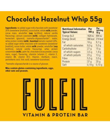 Fulfil Vitamin & Protein Bar (15 x 55g) Chocolate Hazelnut Whip Flavor - 20g Protein, 9 Vitamins, Low Sugar - Buy Online on GoSupps.com