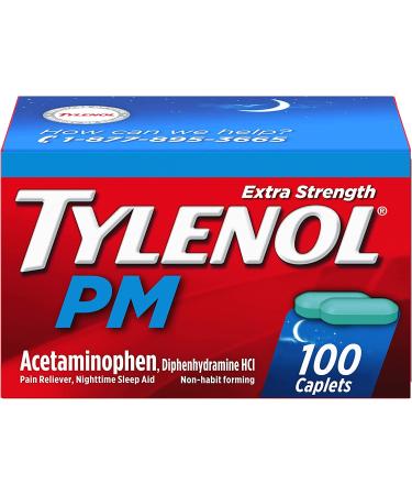 Tylenol PM Extra Strength Caplets 100 ct | Nighttime Pain Relief & Sleep Aid with Acetaminophen & Diphenhydramine HCl - Buy Online on GoSupps.com