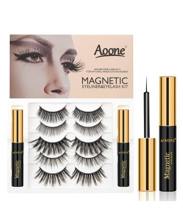 Magnetic Eyelashes with Magnetic Eyeliner Kit -5 Pairs Upgraded 3D 5D Magnetic Eyelashes Kit & 2 Tubes of Magnetic Eyeliner Reusable No Glue