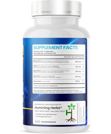 Humming Herbs Resveratrol Supplement with Quercetin Fisetin Spermidine & Vitamin D3 Antioxidant Support for Healthy Cellular Function - 1200 mg 120 Vegan Capsules Non-GMO Gluten-Free - Buy Online on GoSupps.com