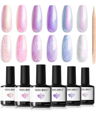 Modelones Gel Nail Polish 6 Colors Shimmer Pearl White Pink Purple Mermaid Nail Drawing Glitter Gel Polish Soak Off Led Summer Nail Gel Swirl Shell Thread Effect DIY Mani Gift with Dotting Pen Pearl Purple - Buy Online on GoSupps.com