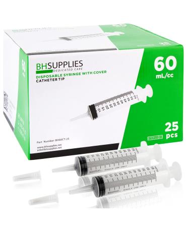 60ml Syringe Catheter Tip Sterile with Covers - 25 Syringes by BH SUPPLIES - (No Needle) Individually Sealed - Multiple use Applications. Feeding  dispensing  lip gloss and many other uses 60 mL - Catheter Tip-25 25.0