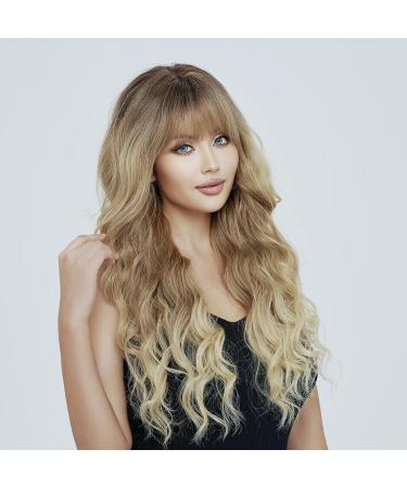 HAIRCUBE Ombre Brown & Blonde Long Curly Wig with Bangs - Heat-Resistant Synthetic Wig for Fashionable Women | Natural Appearance - Buy Online on GoSupps.com