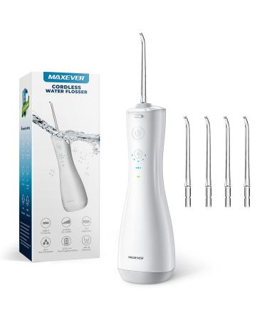 Maxever Cordless Water Flosser, 4 Nozzles Portable Water Picks Teeth Cleaner for Gum, Brace, Built-in Rechargeable Battery Dental Care Oral Irrigator, White