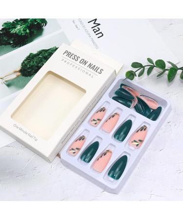 Dark Green Almond False Nails - 24Pcs French Fake Nails with Leaves Design - Short Oval Nail Tips for Women - Acrylic Press On Nails for Girls - Buy Online on GoSupps.com
