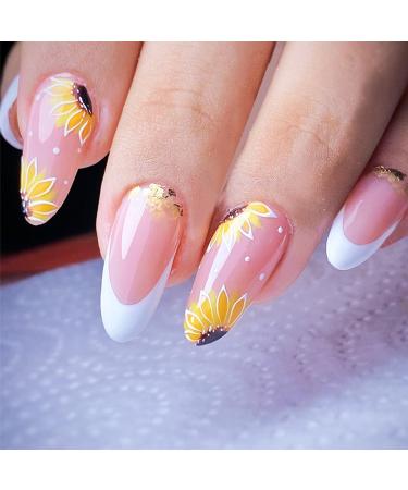 Sunflowers Press on Nails for DIY Manicure Medium Almond Glossy White French Tips Acrylic False Nails 24Pcs Gold Foil Fake Nails Gel Glue on Nails Stick on Nails for Coquette Women Flower Design Design 1