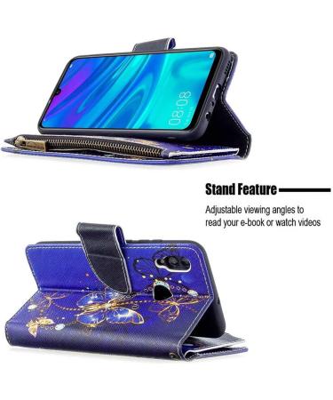 Miago Blue Butterfly Leather Wallet Case for Huawei Y6 2019 - 9 Card Slots Colorful Zip Flip Protective PU Cover - Buy Online on GoSupps.com
