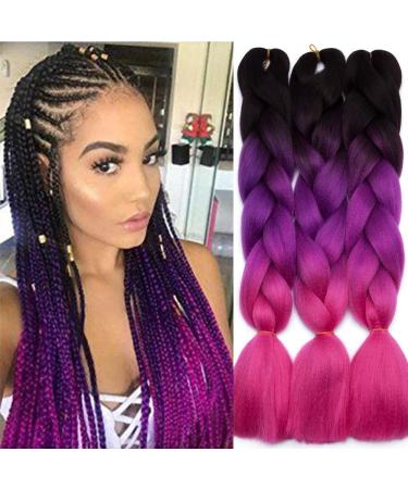 TESS Braids Extensions 60 cm Pack of 3 Jumbo Braids Kanekalon Synthetic Hair for Braiding Box Braids Hair Extension Braid 100g/Bundle Ombre Hair Braids Extension (3 Pieces-Black/Purple/Pink) 60 cm (3 Pieces) Black/Purple/Pink