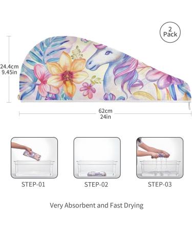 Purple Flowers Unicorn Hair Towel 2 Pack | Super Absorbent Quick Dry Hair Turbans for Women & Girls - Buy Online on GoSupps.com