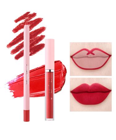 Rose Red Lip Liner Pencil and Lipstick Set  Velvety Matte Creamy Lip Liner Lip Crayon Long Lasting Waterproof Lip Liner Natural Longwear Lipstick High Pigmented Lip Colors Not Fade No Smudge Lip Stain Makeup Gift Kit for...
