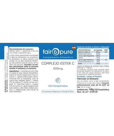 Fair & Pure - Ester C Complex - avec 500mg de Vitamine C 333mg de Bioflavono des & Ac rola - 120 comprim s - Buy Online on GoSupps.com