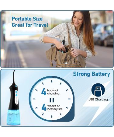 Portable Cordless Water Flosser with 300ML Tank - Rechargeable & Waterproof - 3 Modes 4 Tips - Black - Buy Online on GoSupps.com